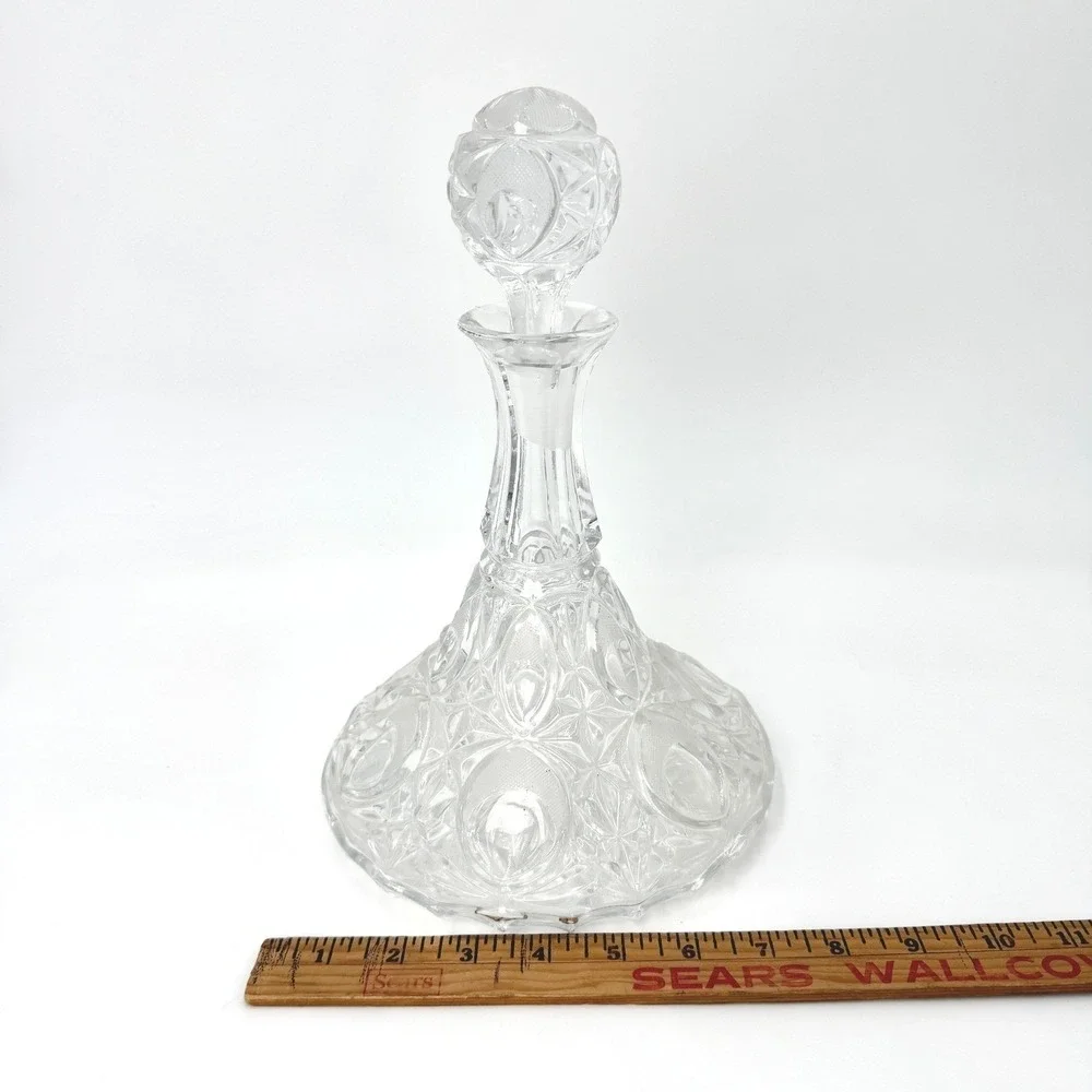 Vintage Cut Crystal Ships Decanter Wide Base with Stopper‎ Clear Heavy